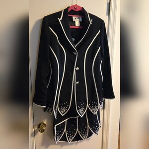 2pc Navy Suit with Bedazzled Flaps on Jacket and Skirt  NWT